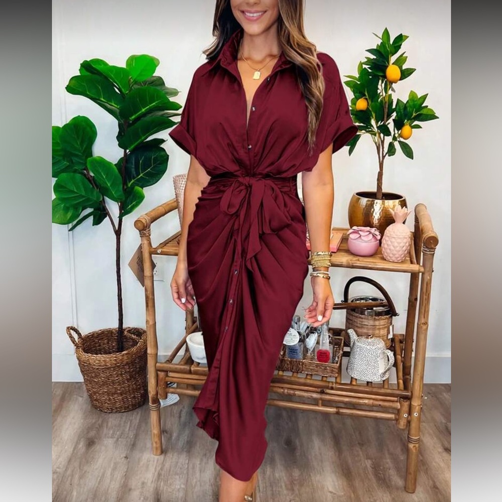 Elegant Burgundy Tie-Front Satin Dress